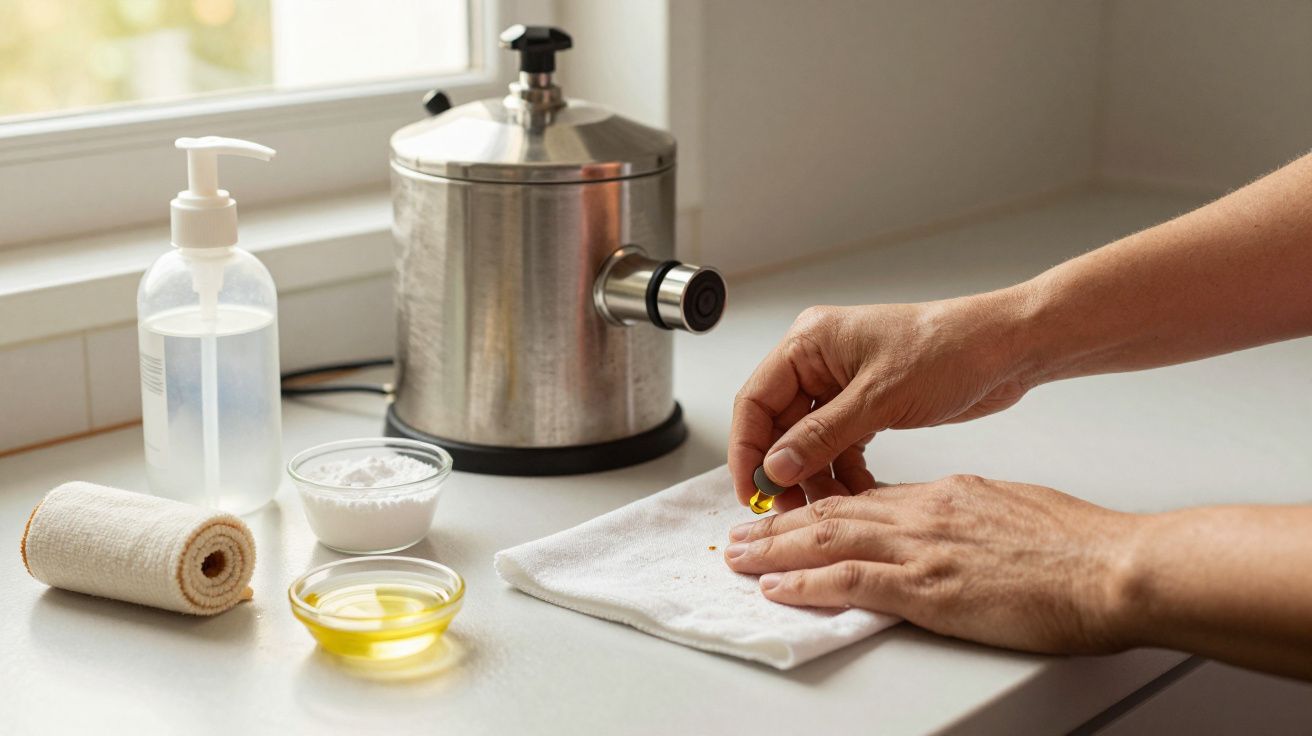 Mãos aplicando óleo num pano, com utensílios domésticos e frasco de vidro ao fundo, numa bancada de cozinha.