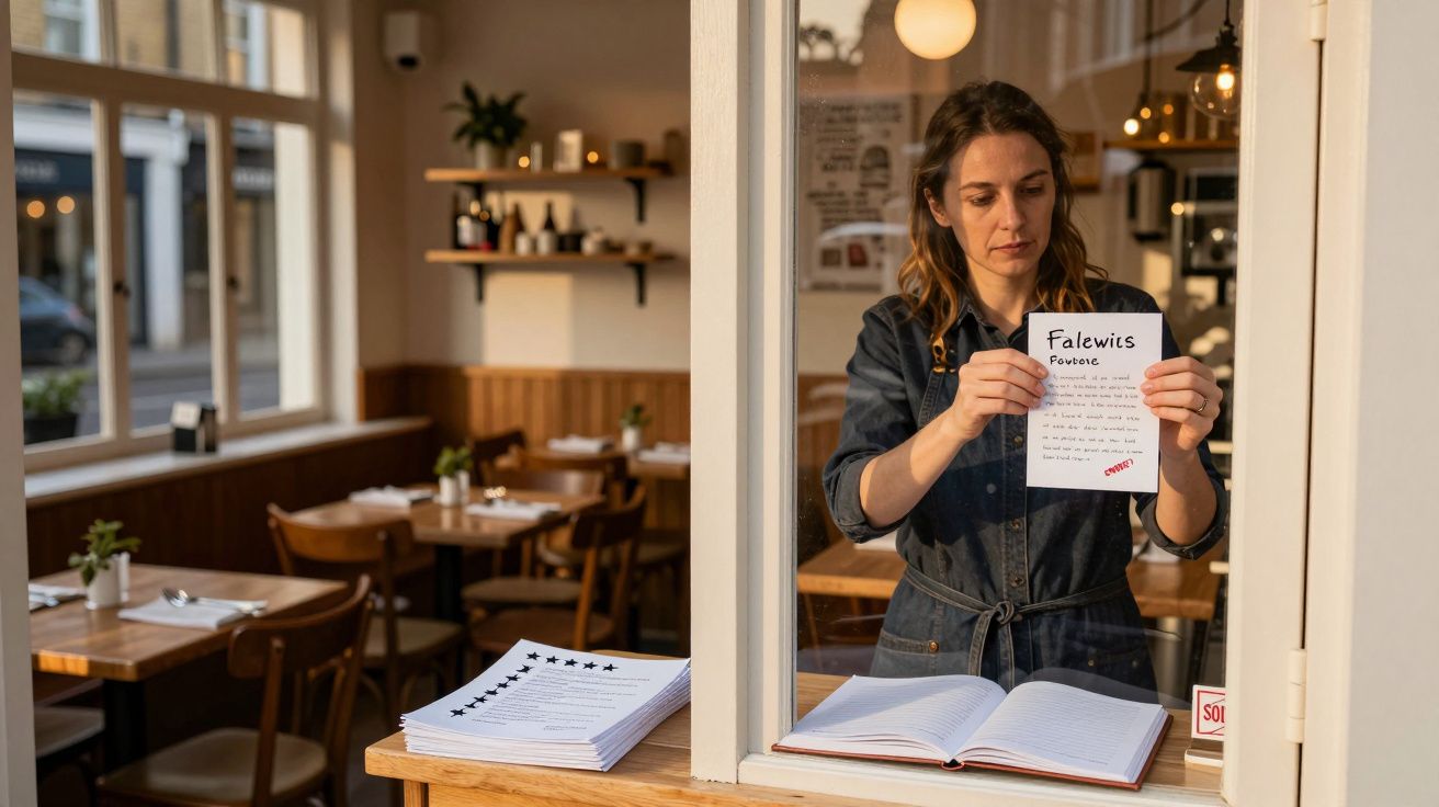 Mulher coloca cartaz na janela de restaurante vazio, segurando um papel com a ajuda de um livro aberto na mesa.