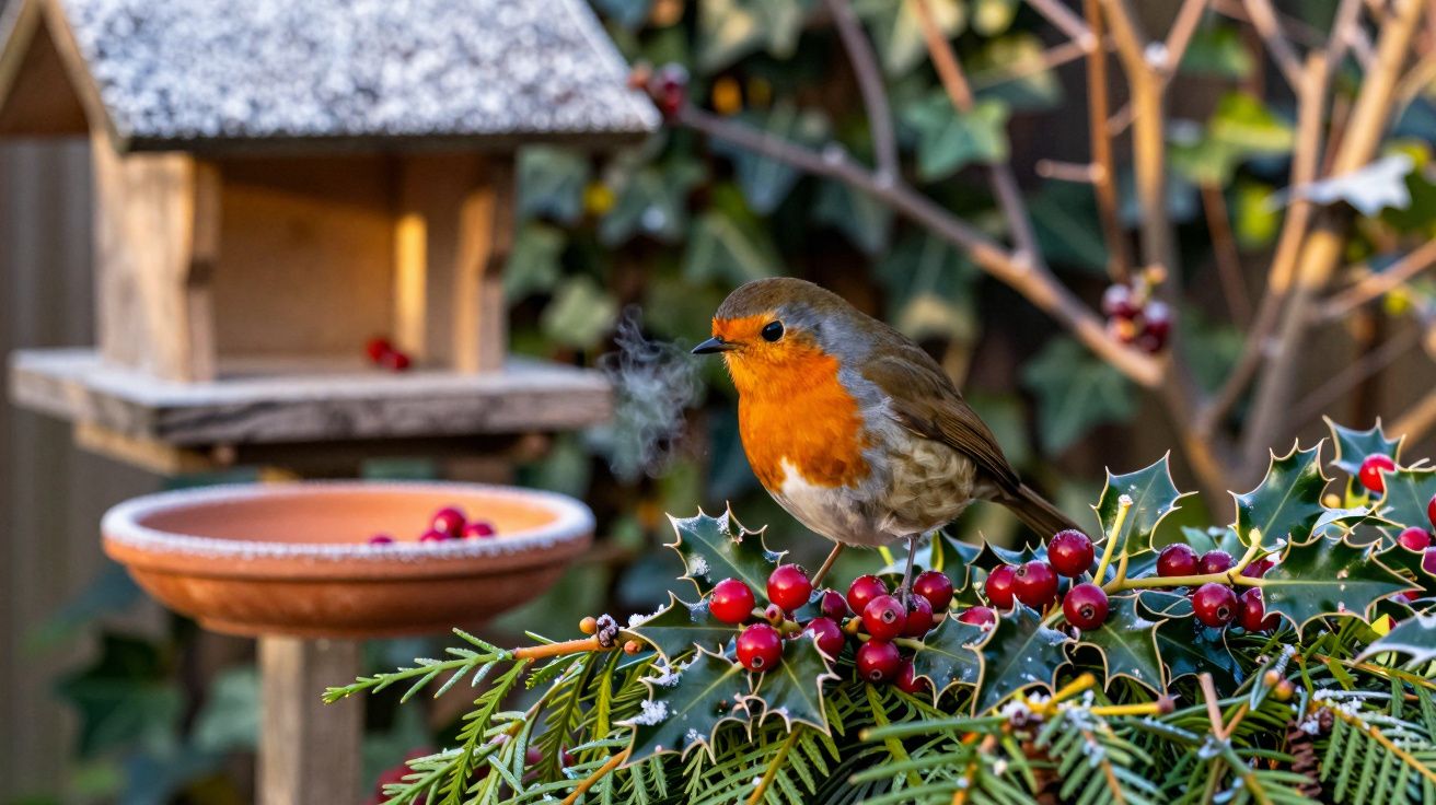 Pisco-de-peito-ruivo pousado em ramos com bagas vermelhas, ao lado de alimentador de pássaros numa manhã fria.