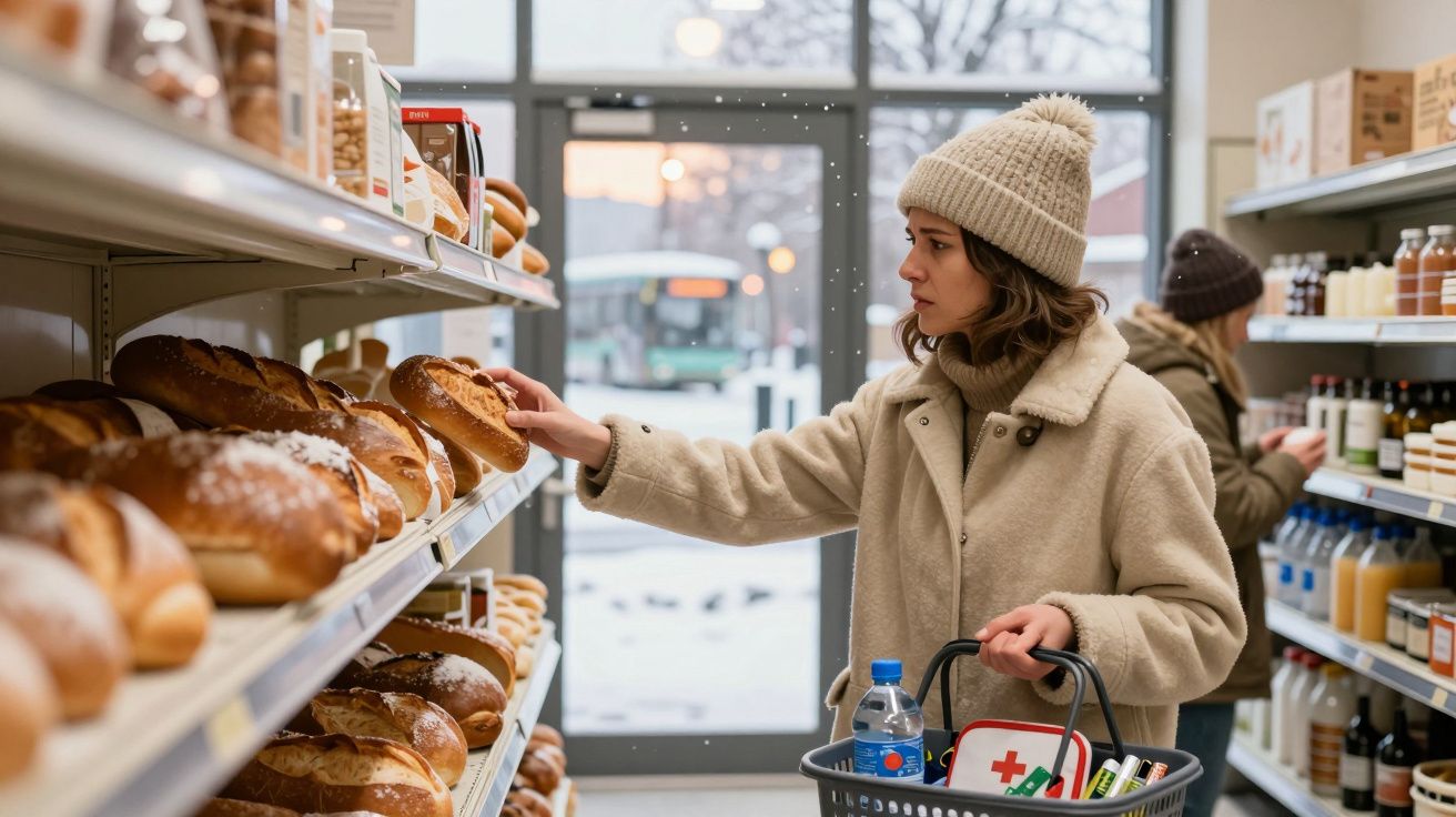 Mulher com gorro escolhe pão numa loja, com cesta de compras na mão. Outra pessoa ao fundo.