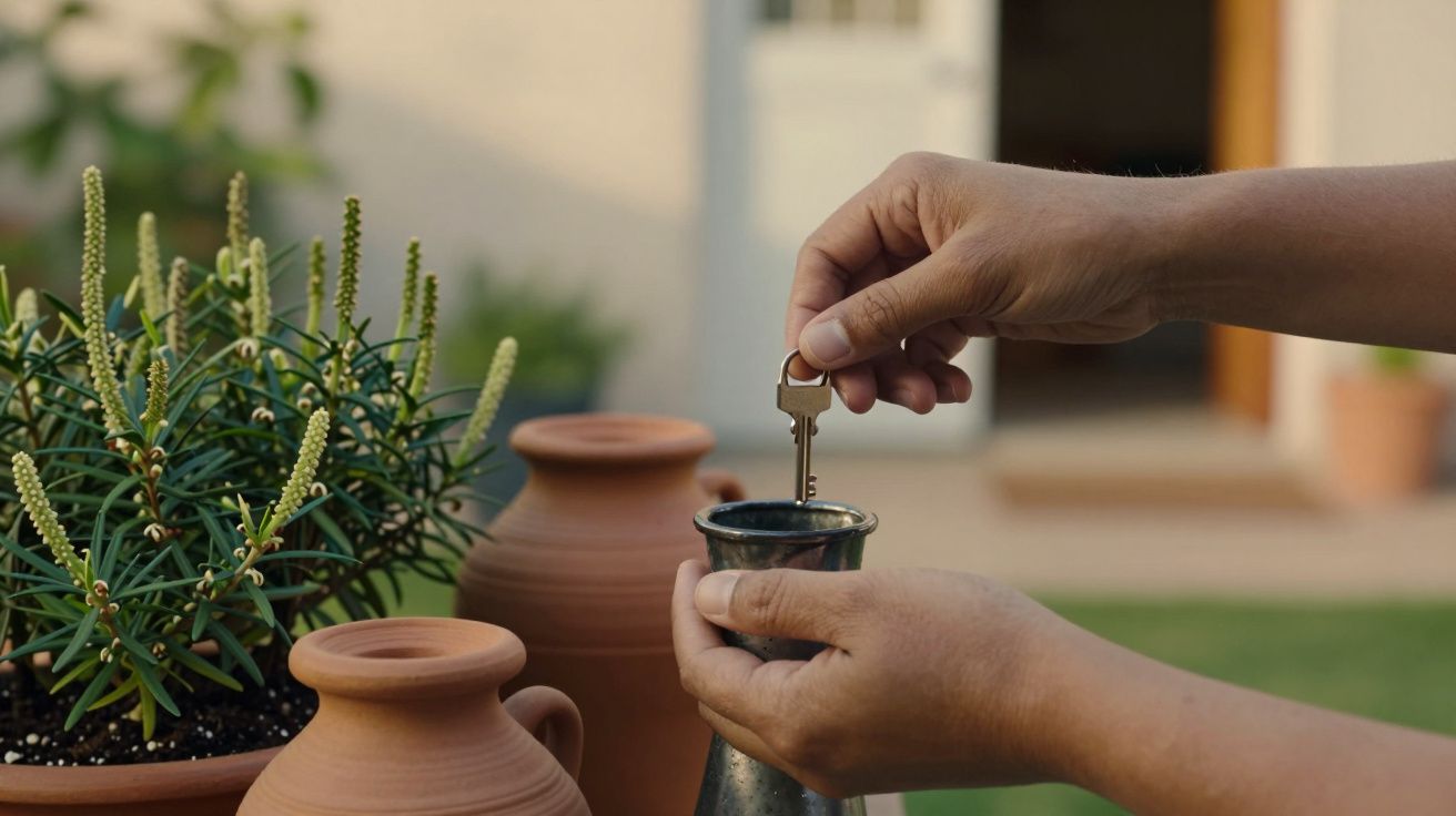 Mãos seguram uma chave sobre um vaso ao ar livre, com plantas e jarras de barro ao redor.