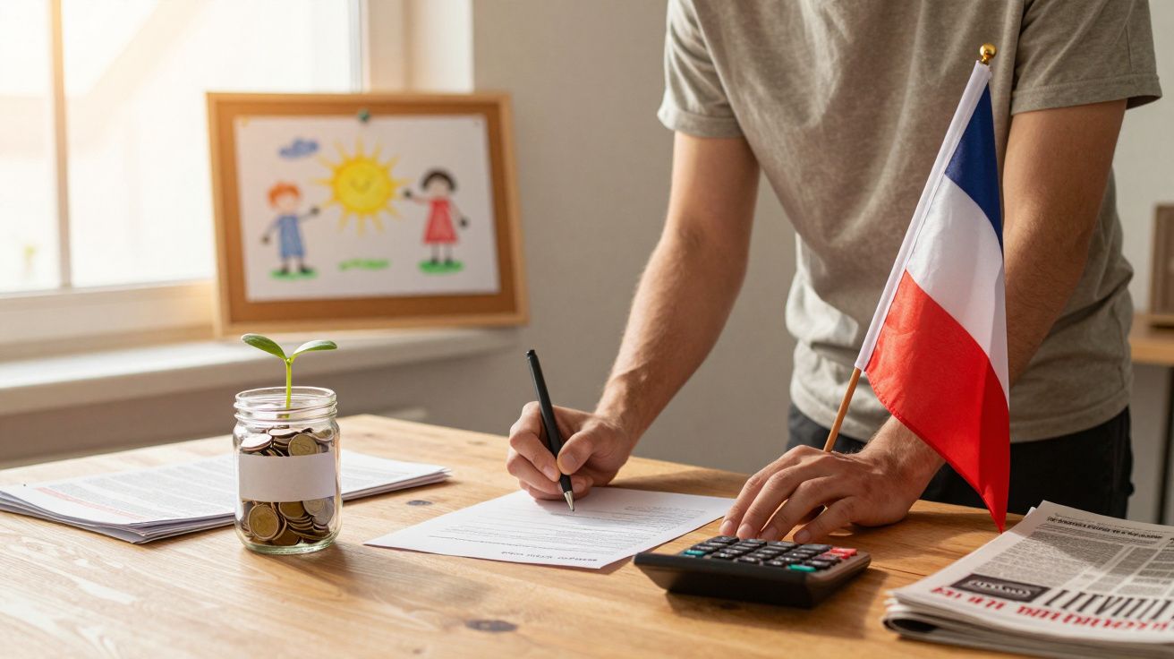 Homem escreve à mesa com bandeira francesa, calculadora e frasco de moedas com planta. Jornal e desenho ao fundo.