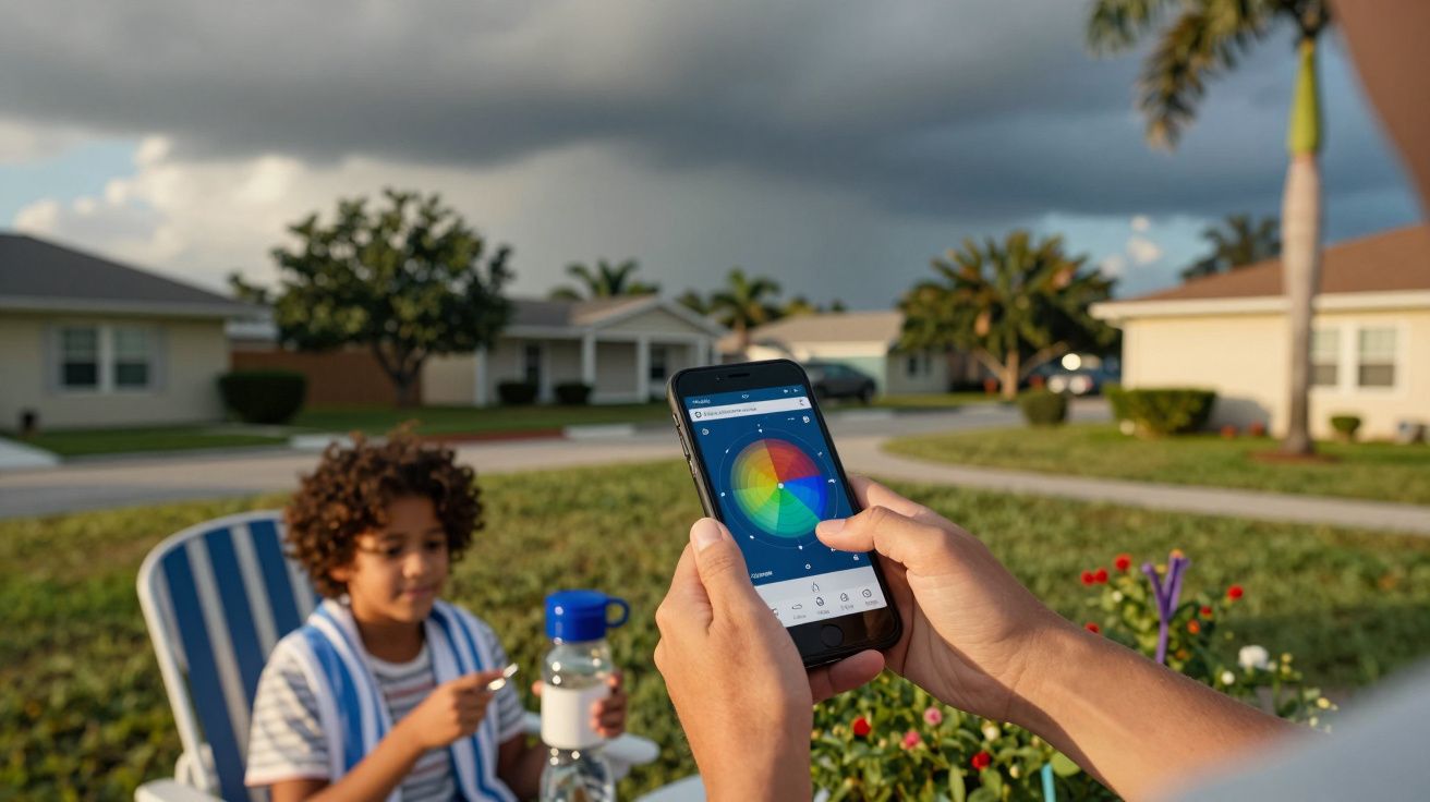 Pessoa ajusta cores numa app de smartphone ao ar livre, com criança ao fundo e casas suburbanas ao redor.