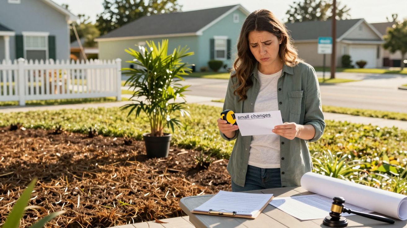 Mulher preocupada segura carta ao ar livre, próximo a jardim. Na mesa, prancheta e plantas ao fundo.