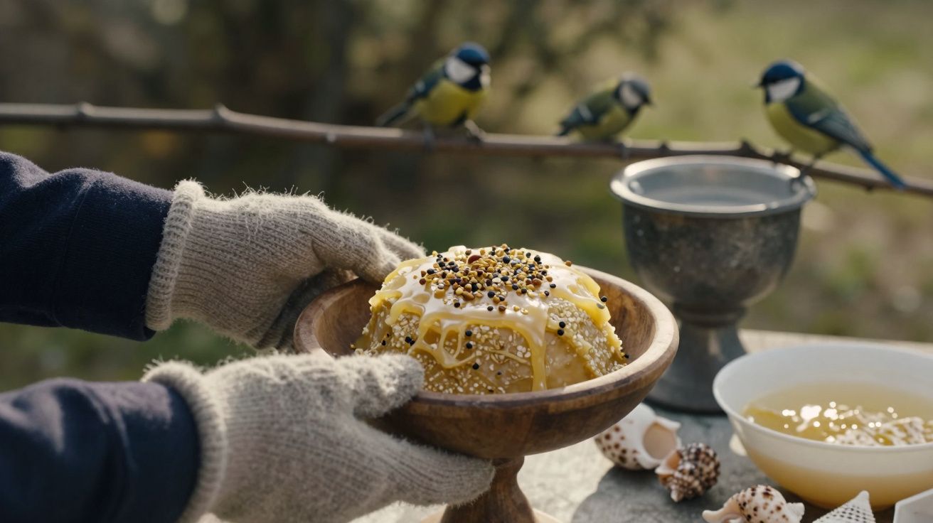 Mãos com luvas segurando tigela com comida para pássaros, enquanto aves pousam numa grade ao fundo.
