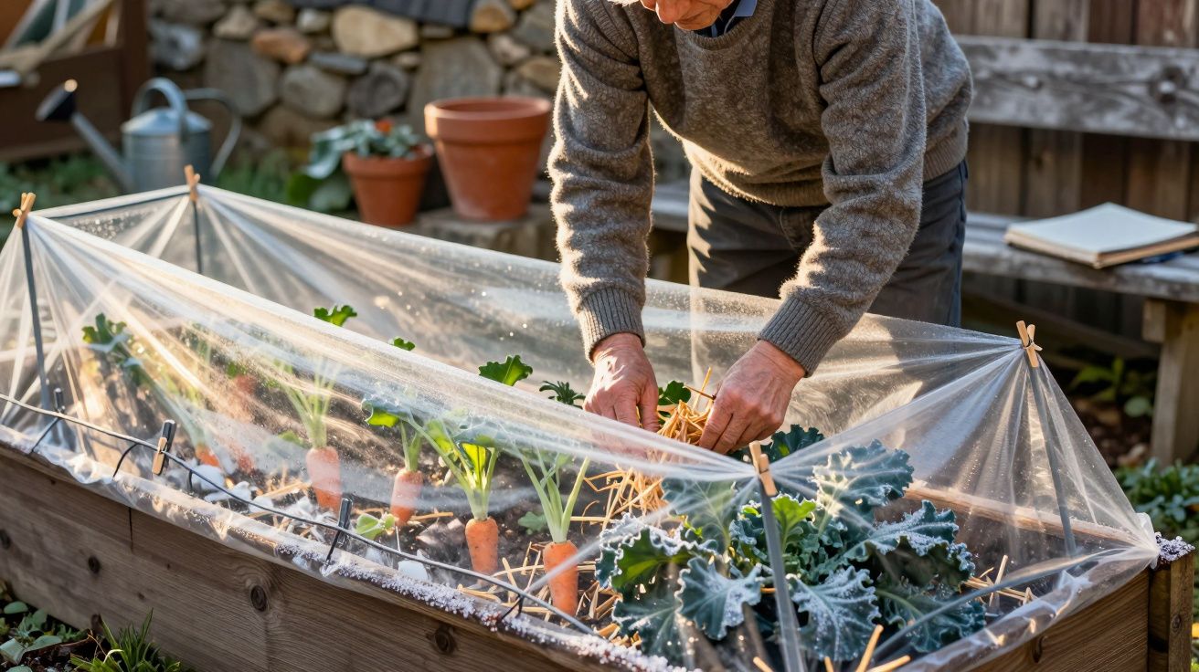 Homem a cuidar de uma horta coberta com plástico transparente, protegendo vegetais do frio.