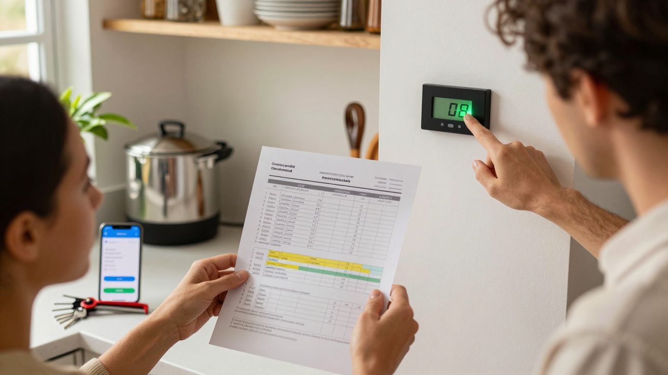 Pessoa ajusta termóstato, outra segura fatura de energia. Há um telemóvel com gráfico no balcão da cozinha.