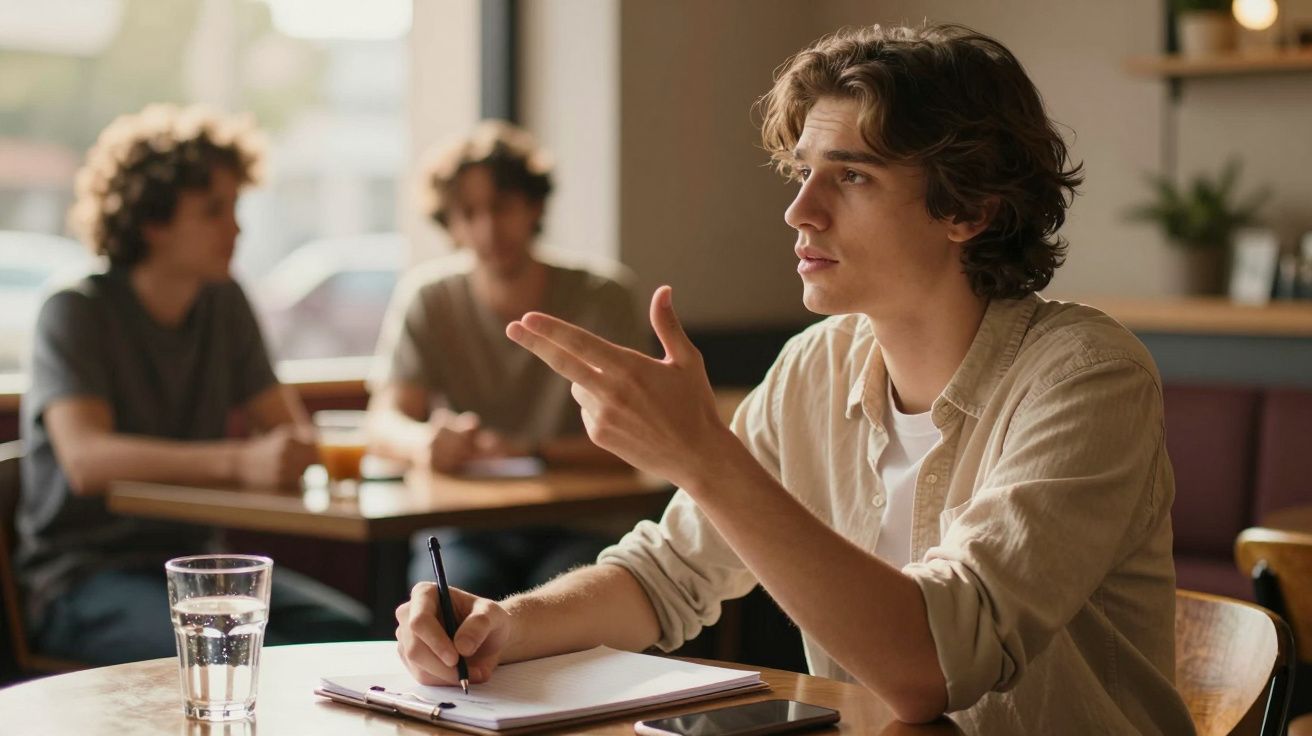 Jovem a apontar enquanto escreve num caderno numa cafetaria, com dois amigos desfocados ao fundo.