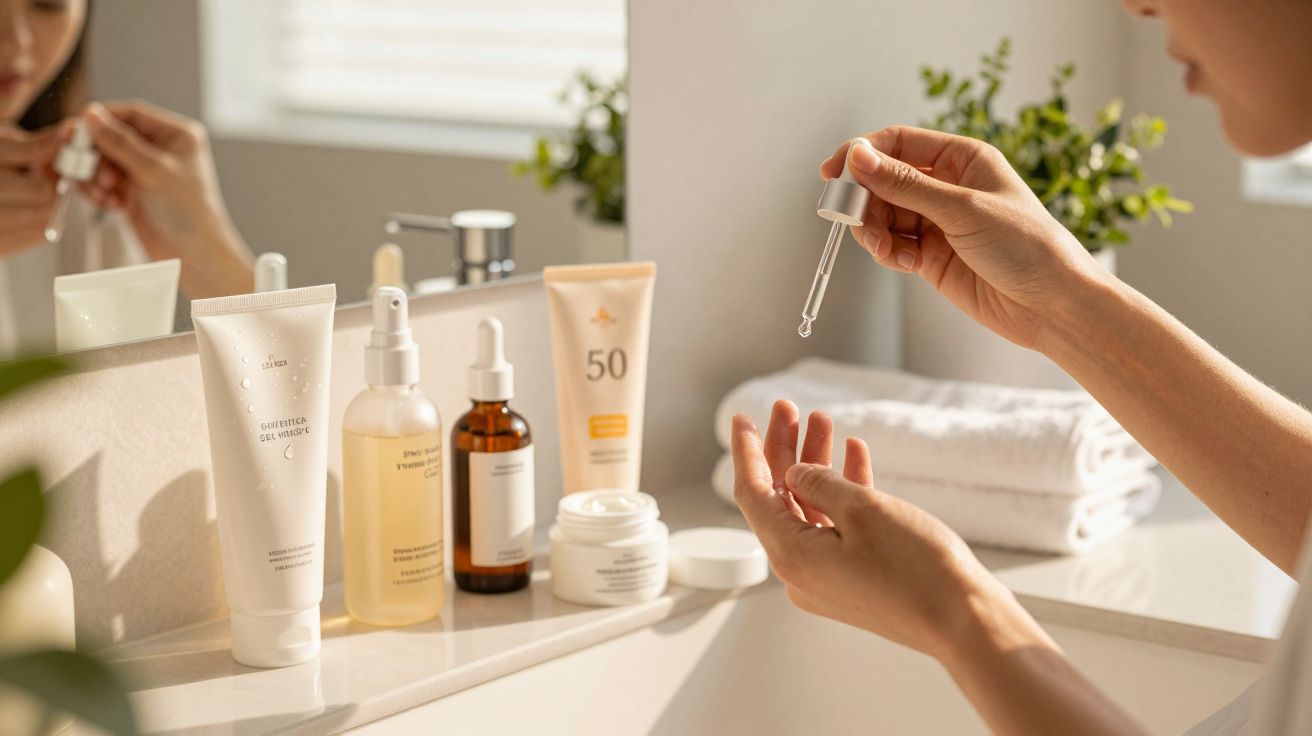 Mãos aplicando sérum num quarto de banho, com vários produtos de cuidado da pele sobre a bancada.