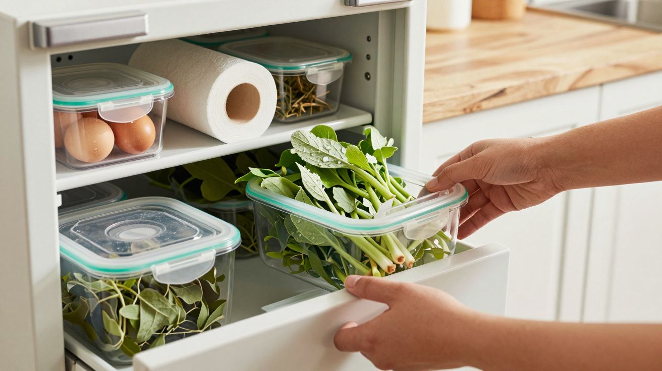 Pessoa a guardar legumes frescos em caixa transparente num frigorífico organizado.