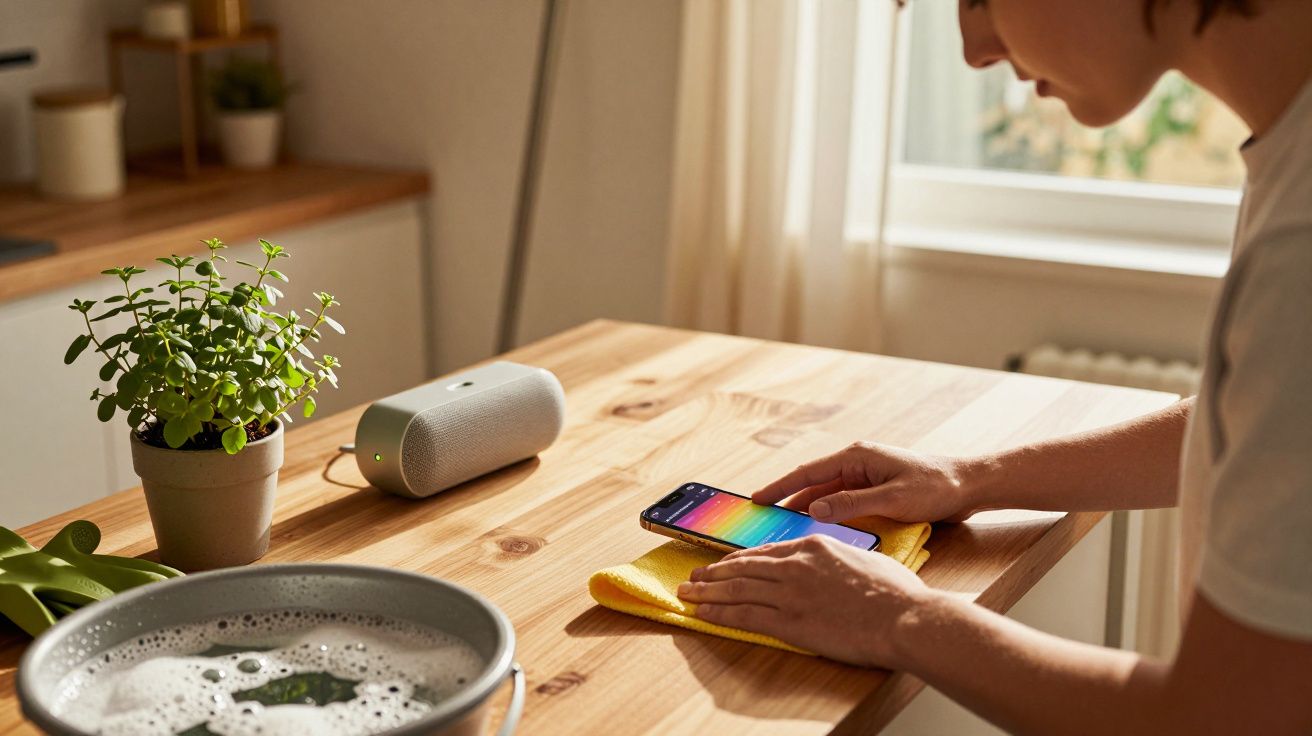 Pessoa a limpar um smartphone num pano amarelo, com planta e coluna de som na mesa de madeira.