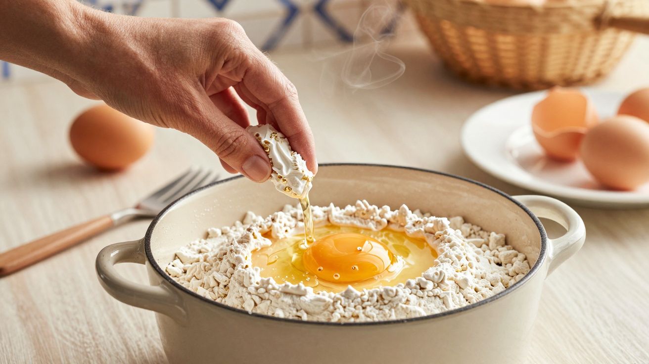 Mão a partir um ovo numa tigela com farinha, com ovos e talheres ao fundo.