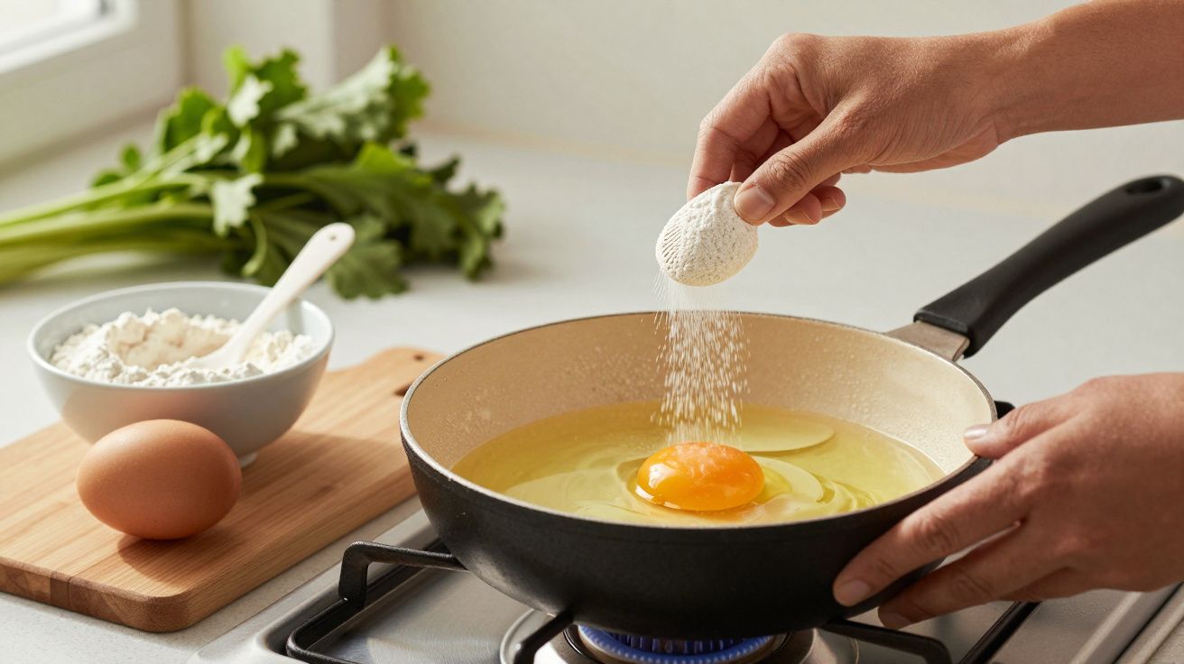 Pessoa adiciona sal a um ovo em frigideira no fogão; ingredientes ao lado.