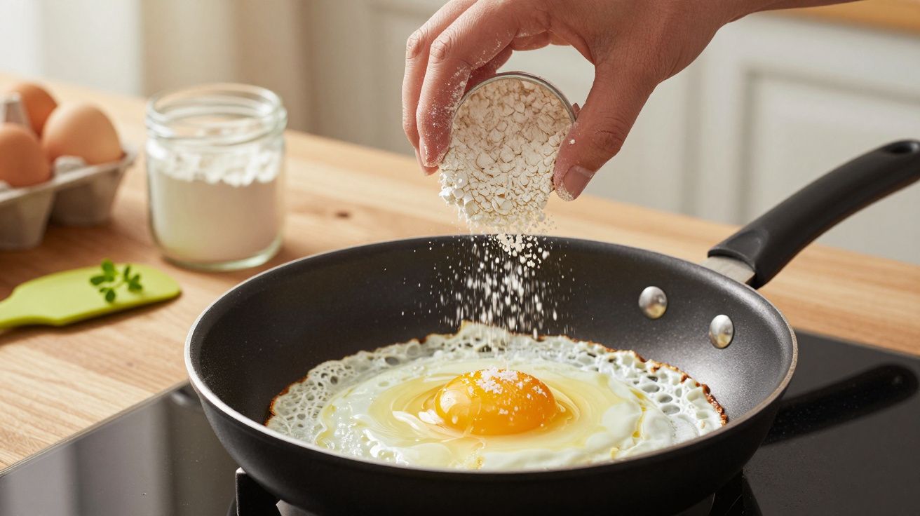 Mão adicionando aveia numa frigideira com ovo estrelado. Cozinha ao fundo com ovos e ingredientes.
