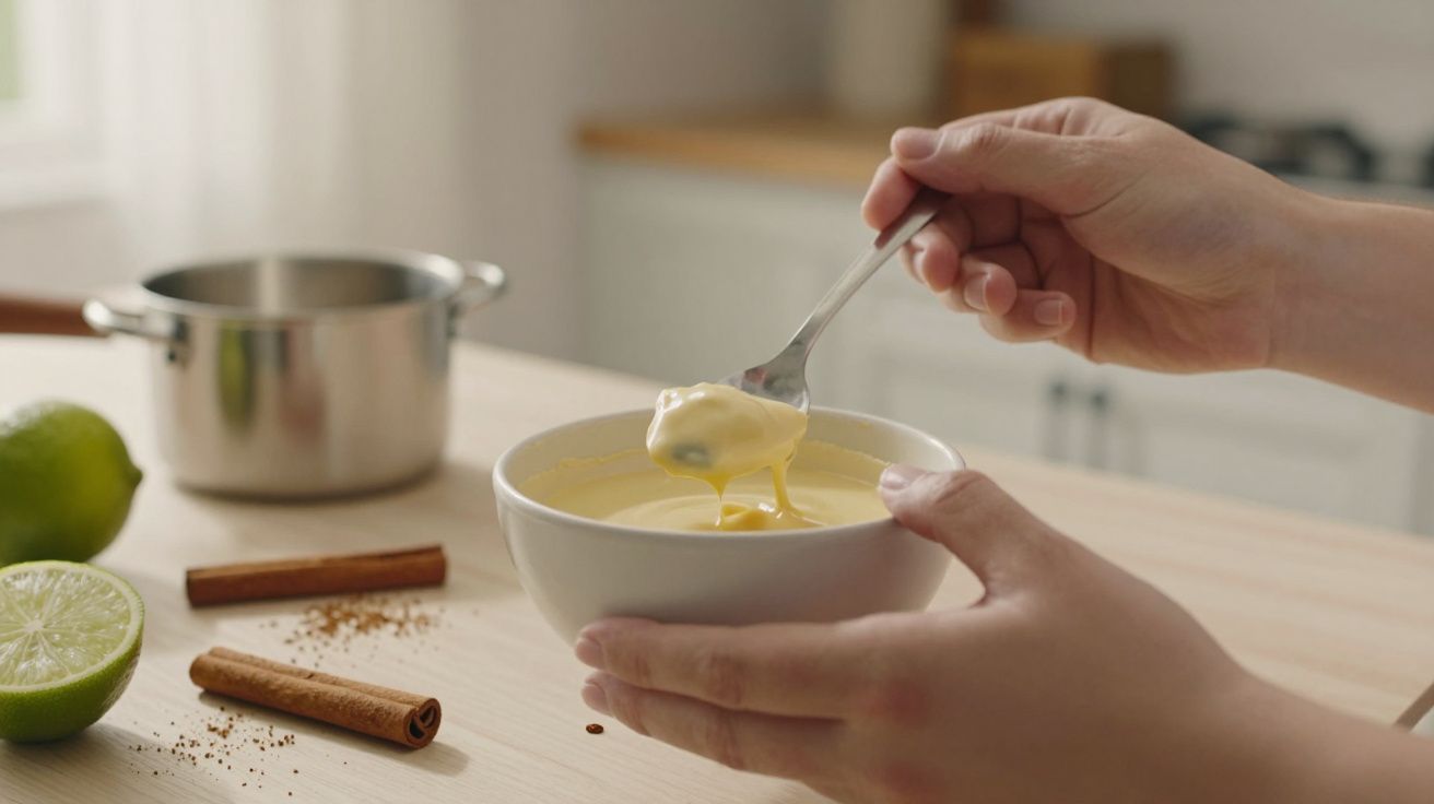 Mãos segurando uma taça de creme amarelo com colher, ao lado de um limão e paus de canela numa cozinha.