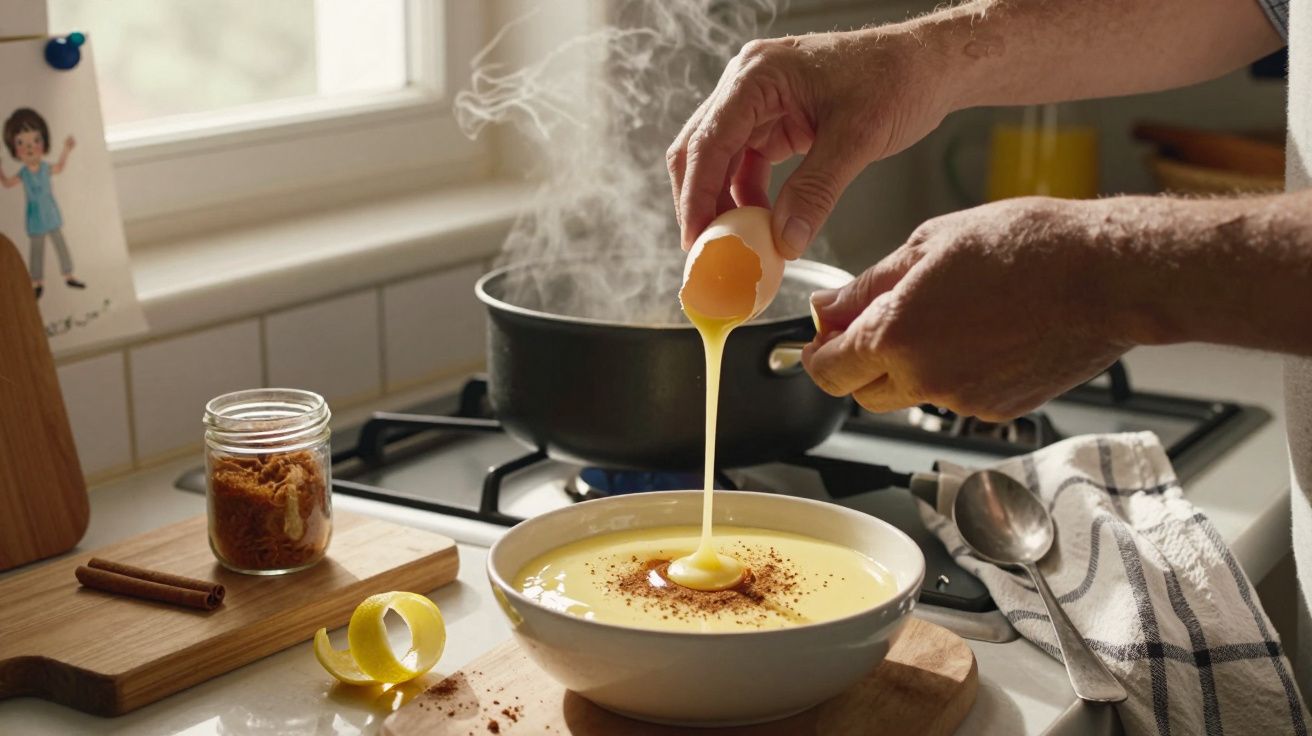 Mãos adicionam gema a tigela de leite-creme, ao lado de canela em pau e raspas de limão, com uma panela a ferver ao fundo.