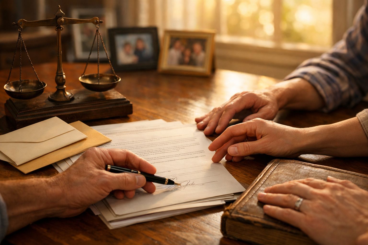 Duas pessoas sentadas à mesa com balança de justiça e envelope com aliança; foto ao fundo.