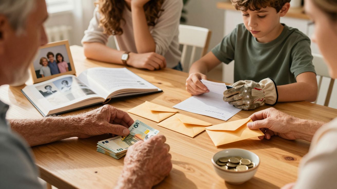 Quatro pessoas discutem finanças à mesa, com envelopes e dinheiro sobre a mesa.
