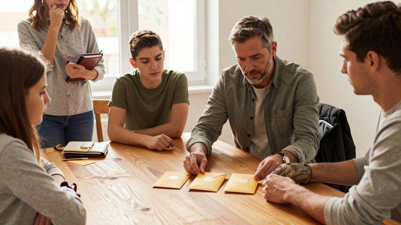 Cinco pessoas à volta de uma mesa observam um homem que organiza envelopes amarelos.