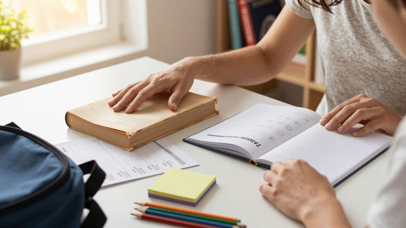 Duas pessoas estudam numa mesa com livros, cadernos, lápis e papéis junto a uma janela iluminada.