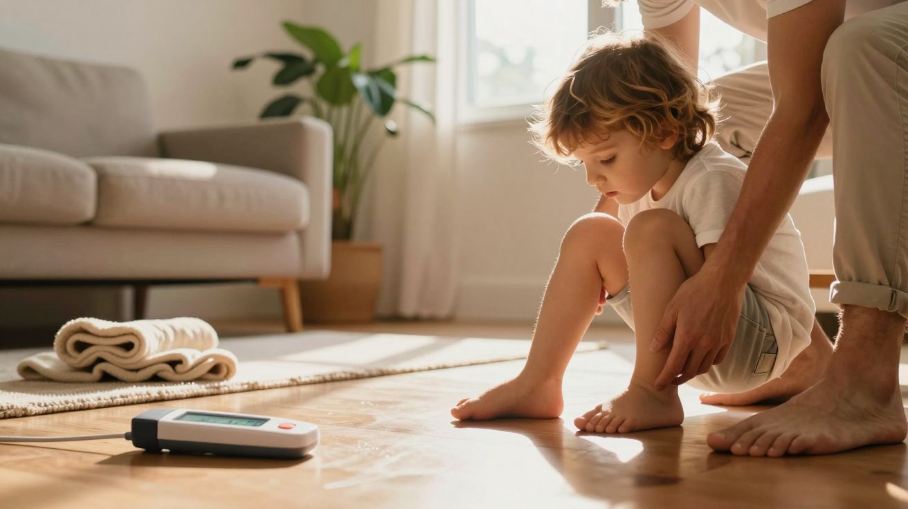 Pai ajuda filho a tocar o chão de madeira em casa iluminada pelo sol, com dispositivo no chão ao lado.