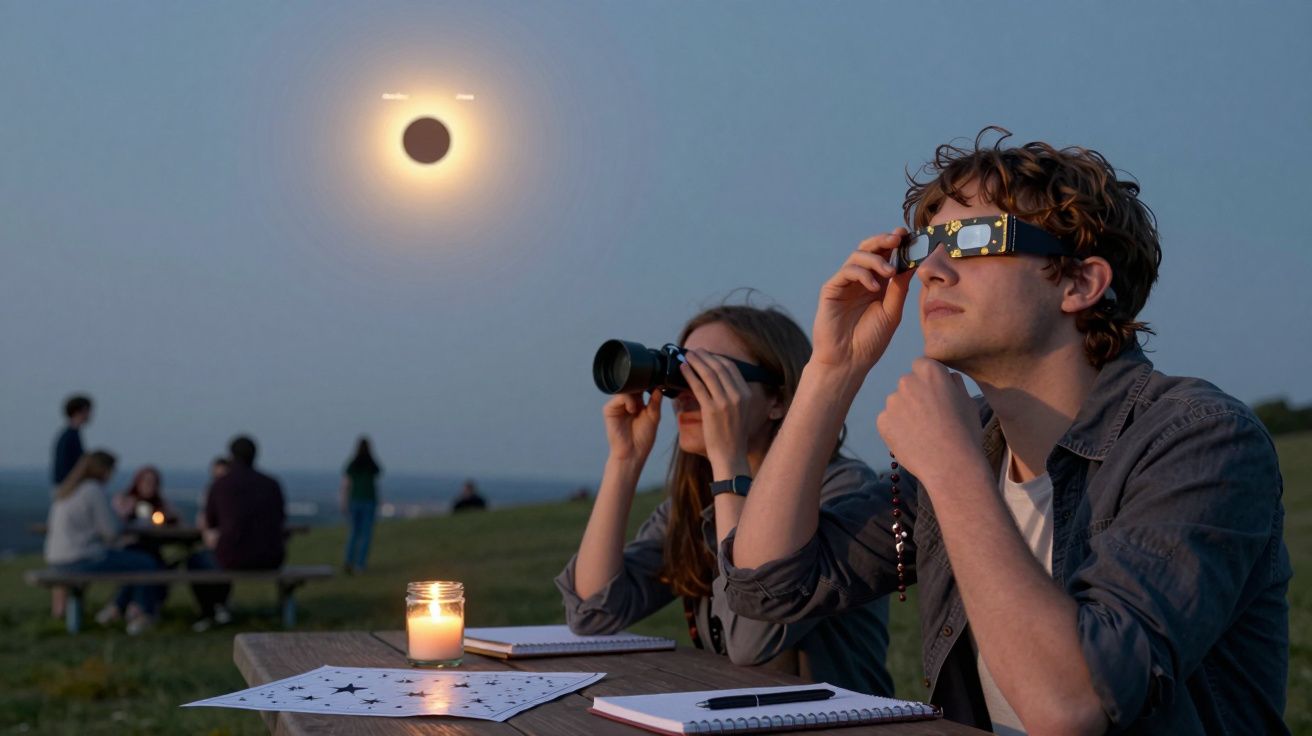 Pessoas observam um eclipse solar num campo, usando óculos de proteção e binóculo. Mesa com vela e caderno à frente.