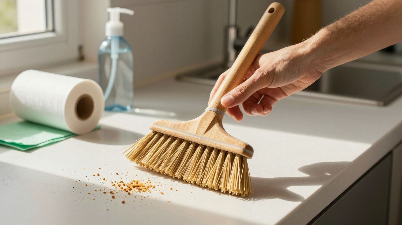 Mão a varrer migalhas com escova de madeira numa bancada de cozinha.