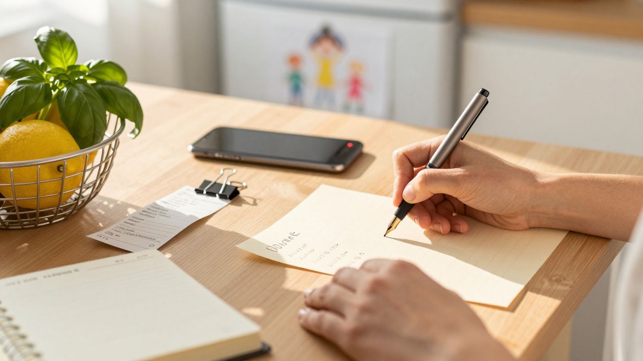 Mãos escrevendo numa lista de tarefas numa mesa com smartphone, bloco de notas, clipe, e uma fruta em cesta.