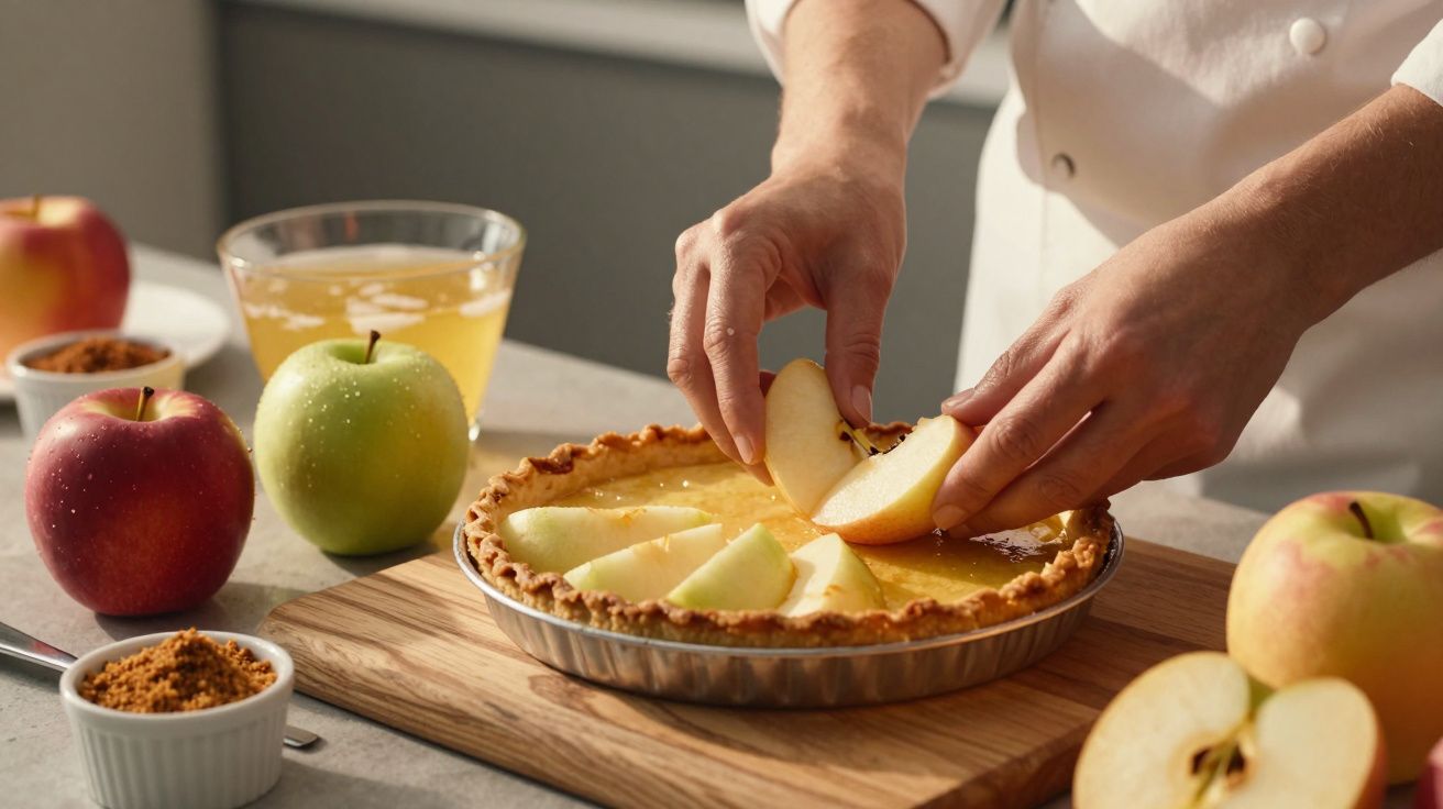 Chef a decorar tarte de maçã com fatias frescas, em redor maçãs inteiras e um copo de sumo.