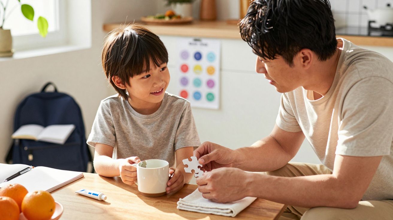 Pai e filho a brincar com puzzle na cozinha ensolarada. O filho segura uma chávena e sorri para o pai.