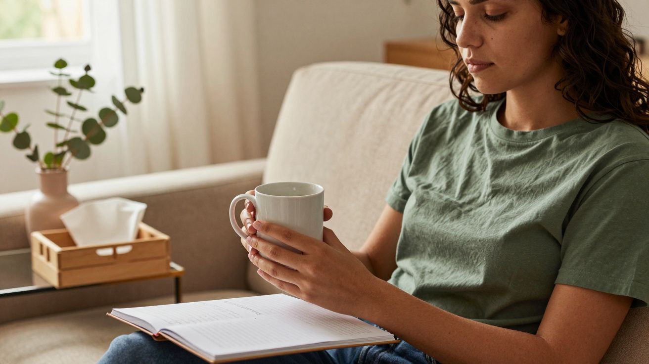 Mulher sentada num sofá segurando uma caneca, com um livro aberto no colo e uma bandeja ao lado.