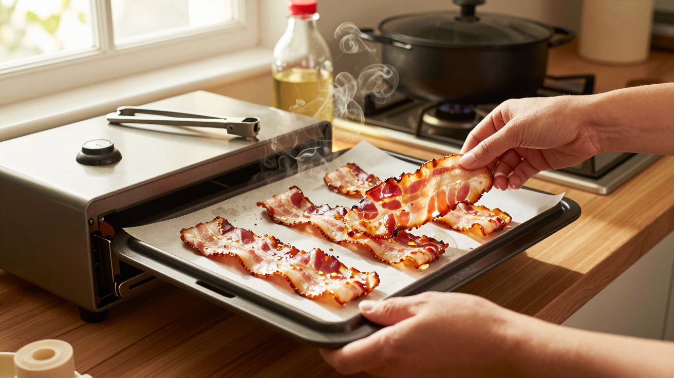 Mãos retirando tiras de bacon crocantes do forno, sobre um tabuleiro coberto com papel vegetal numa cozinha iluminada.