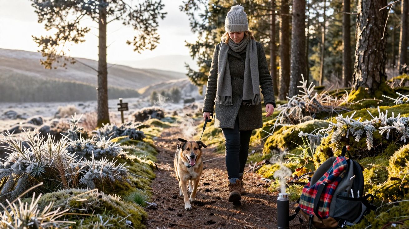 Mulher a passear com cão numa floresta com geada, mochila e garrafa térmica no chão.