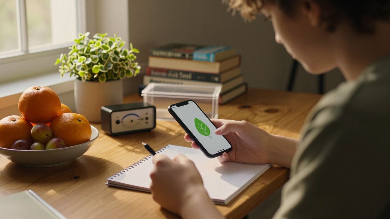 Pessoa escreve em caderno com telemóvel na mão. Mesa com frutas, planta, livros e relógio perto de janela.