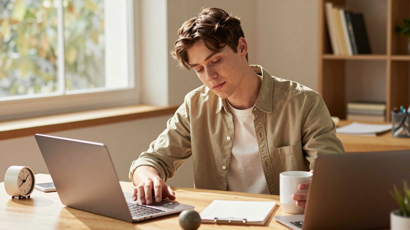 Homem a trabalhar num portátil, segurando uma caneca, com bloco de notas e relógio sobre a mesa.
