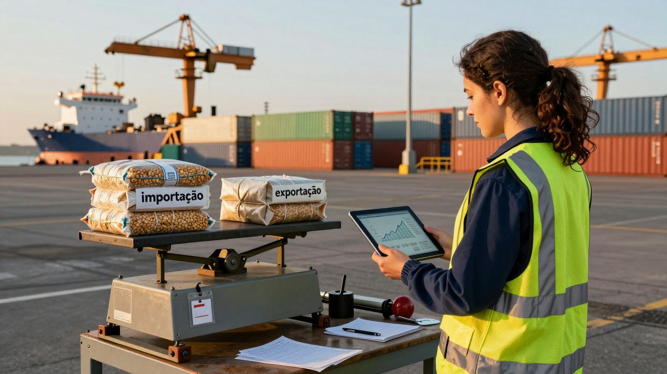 Mulher de colete refleto, usando tablet num porto, perto de balança com sacos etiquetados "importação" e "exportação".