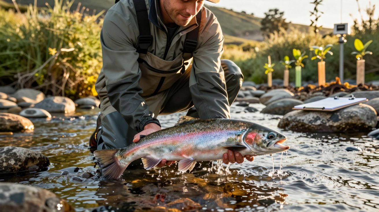 Homem com roupa de pesca segura truta grande sobre riacho rodeado por pedras e vegetação ao entardecer.