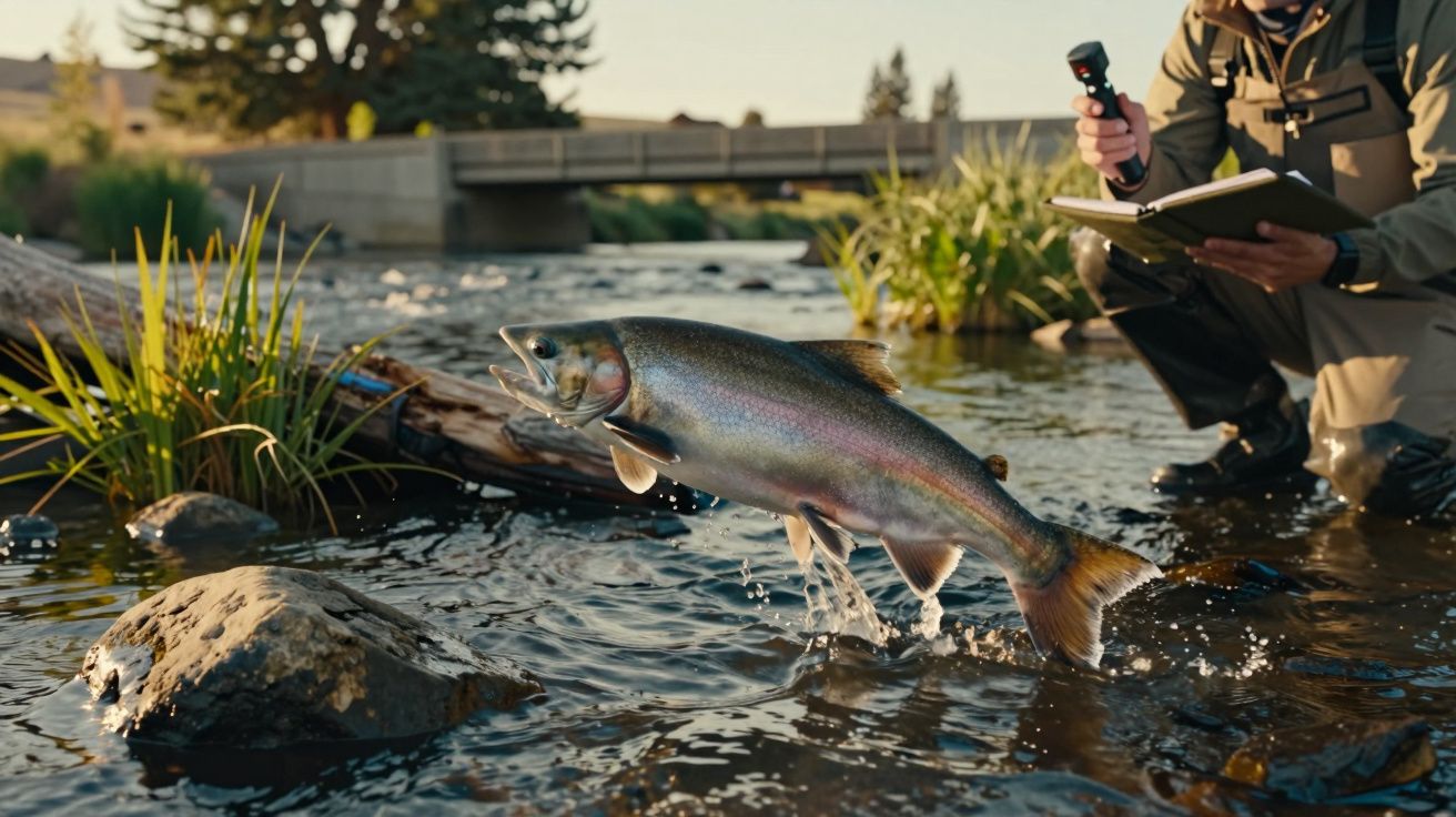 Homem observa truta arco-íris saltando em riacho com vegetação, perto de ponte ao fundo.
