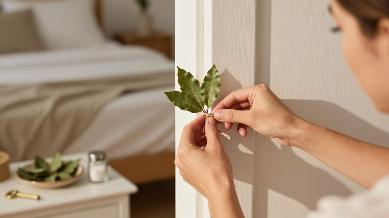Pessoa a prender folhas de louro numa porta, com um quarto desfocado ao fundo.