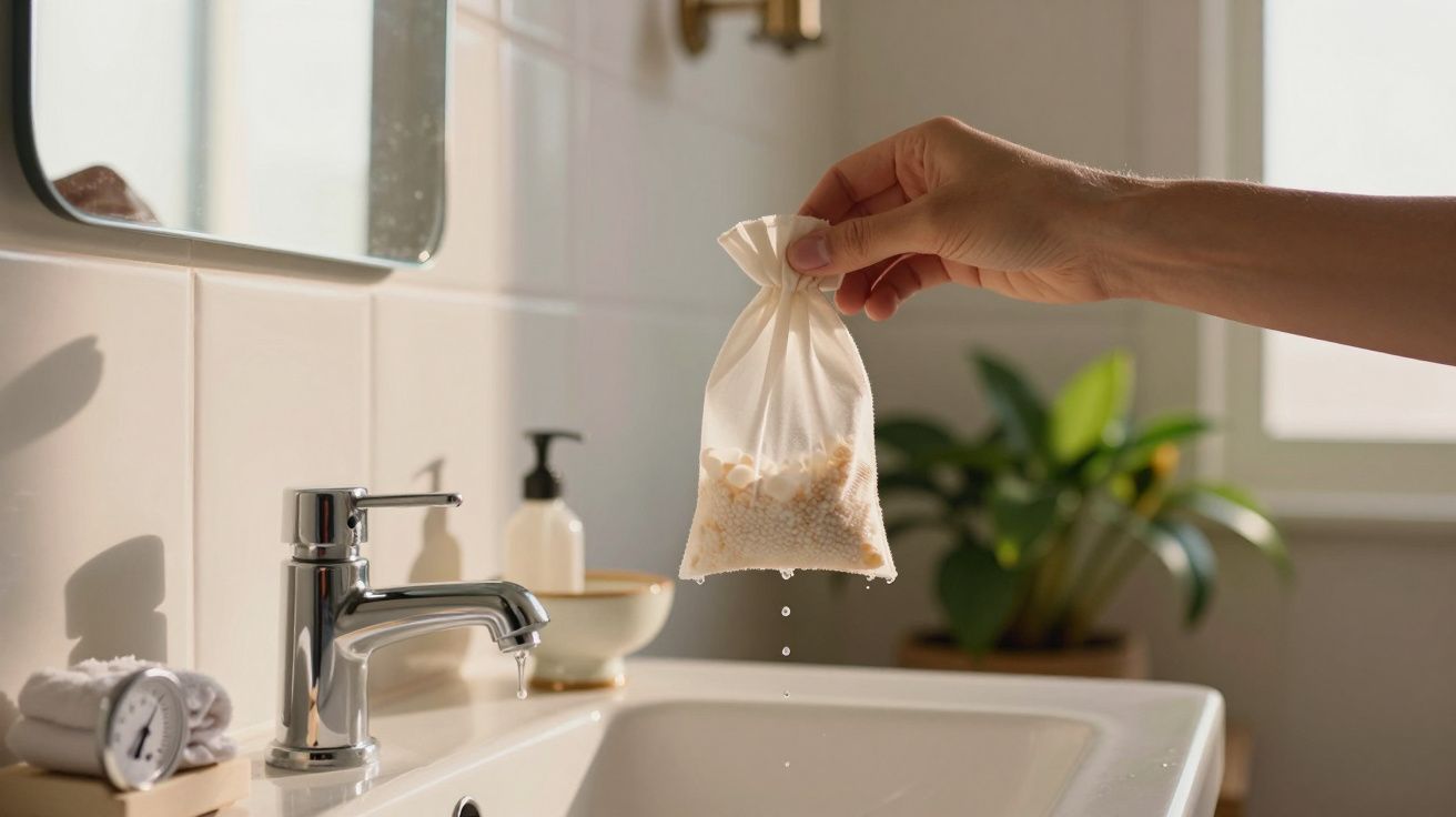 Mão segura saco de tecido com pérolas, pingando água sobre lavatório em casa de banho iluminada.