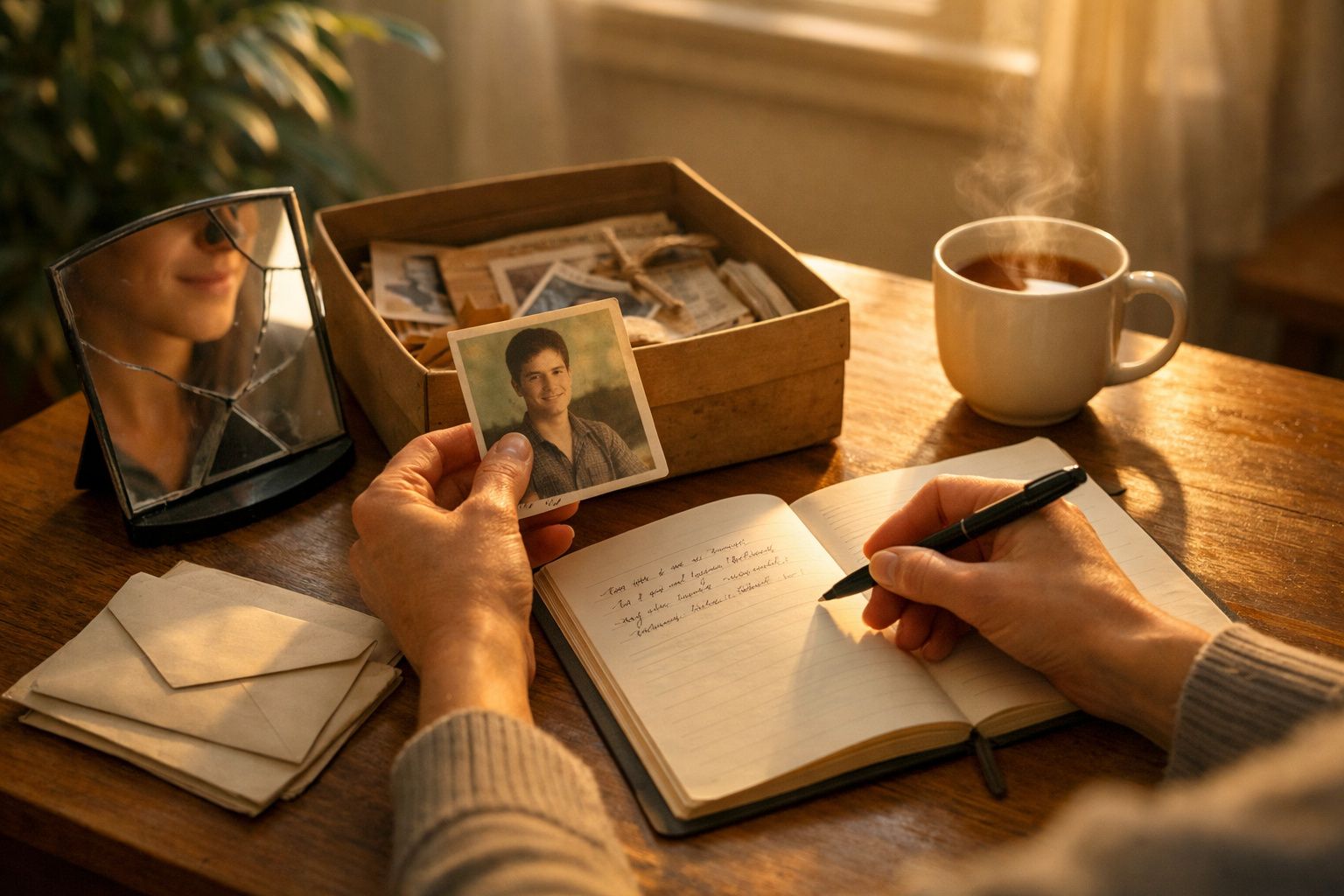 Mulher a ver foto antiga de família, com chá e bloco de notas numa mesa iluminada por luz natural.