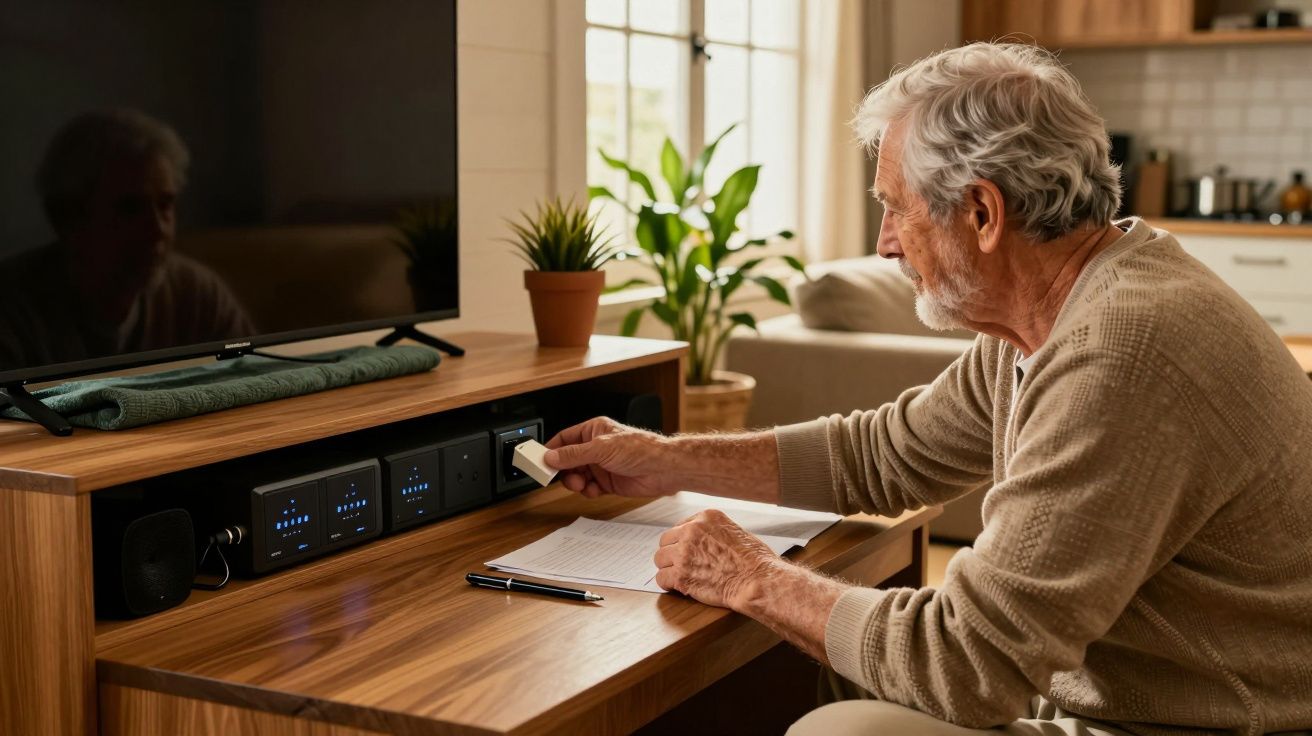 Homem idoso sentado à secretária, a ajustar um dispositivo eletrónico. Ao lado, papéis e uma caneta.