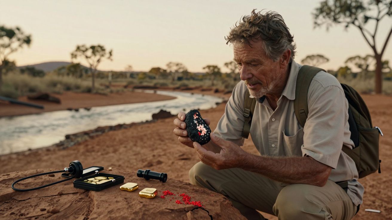 Homem de mochila observa pedra na paisagem desértica, rodeado por equipamentos e barras de ouro sobre rocha.