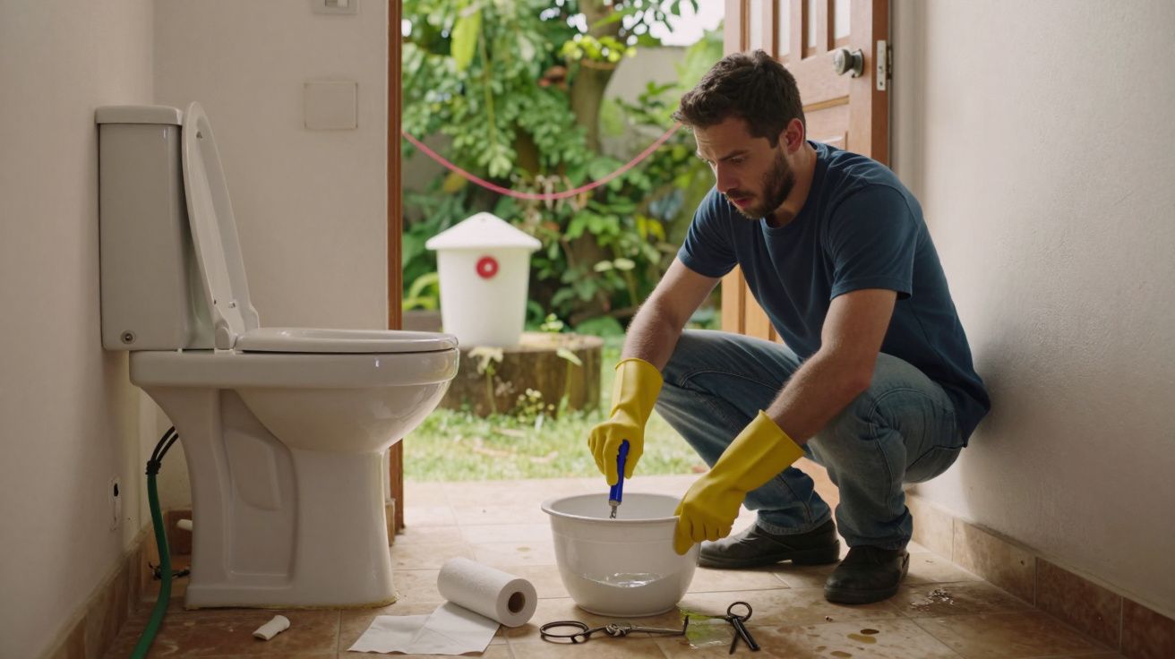 Homem de luvas amarelas desentupindo sanita com êmbolo, balde branco à frente, num WC com porta aberta para jardim.