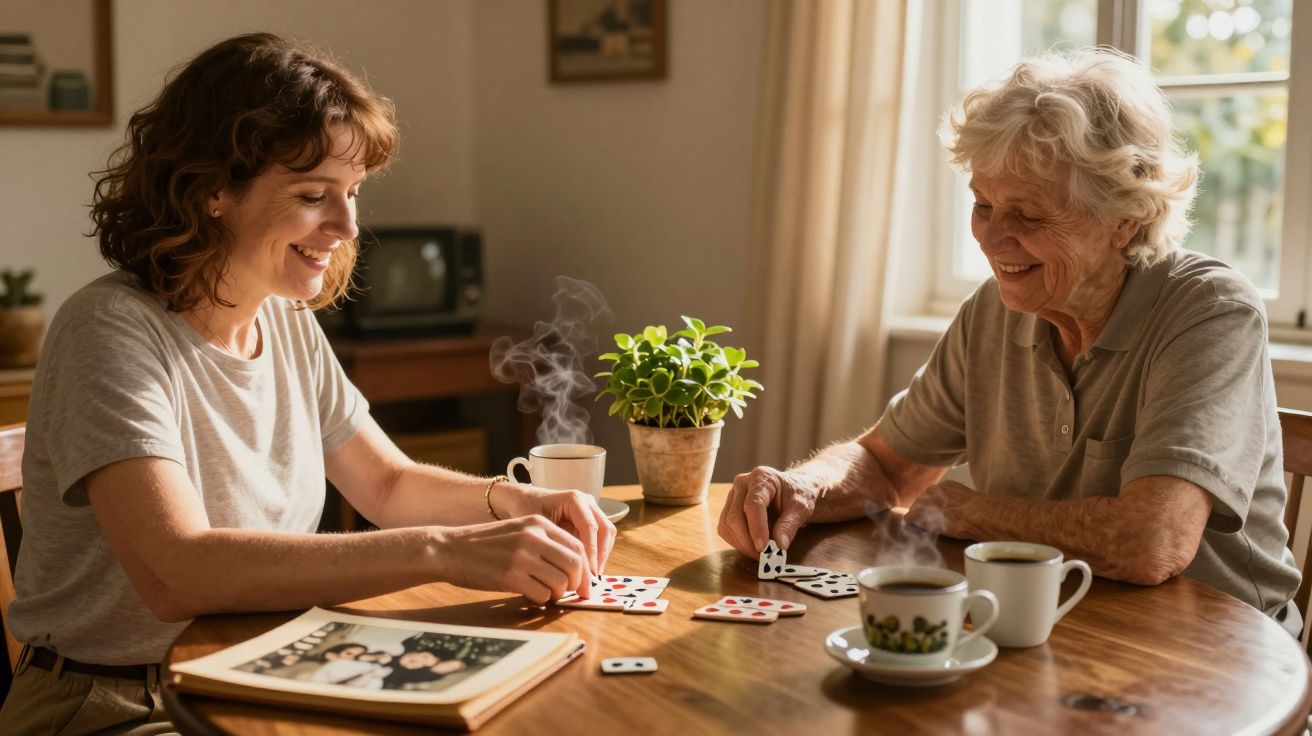 Duas mulheres jogando cartas numa mesa, acompanhadas por chávenas de café, planta pequena e álbum de fotografias.