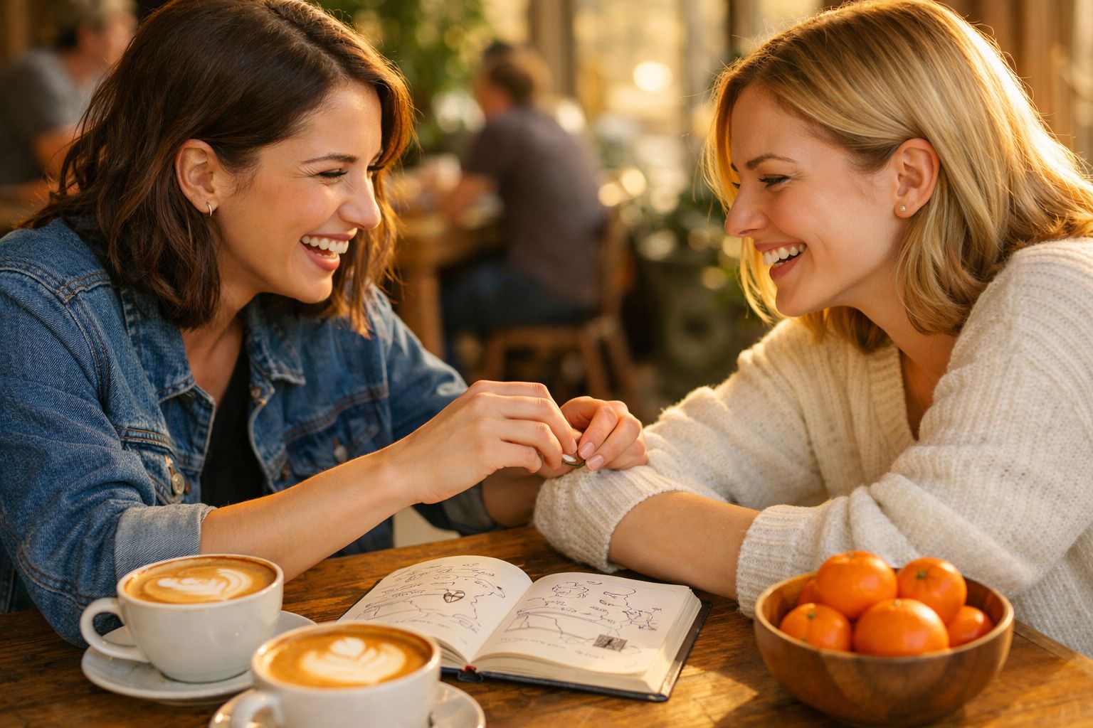 Duas pessoas a escrever num bloco de notas numa mesa de madeira com planta, café e bicicleta ao fundo.