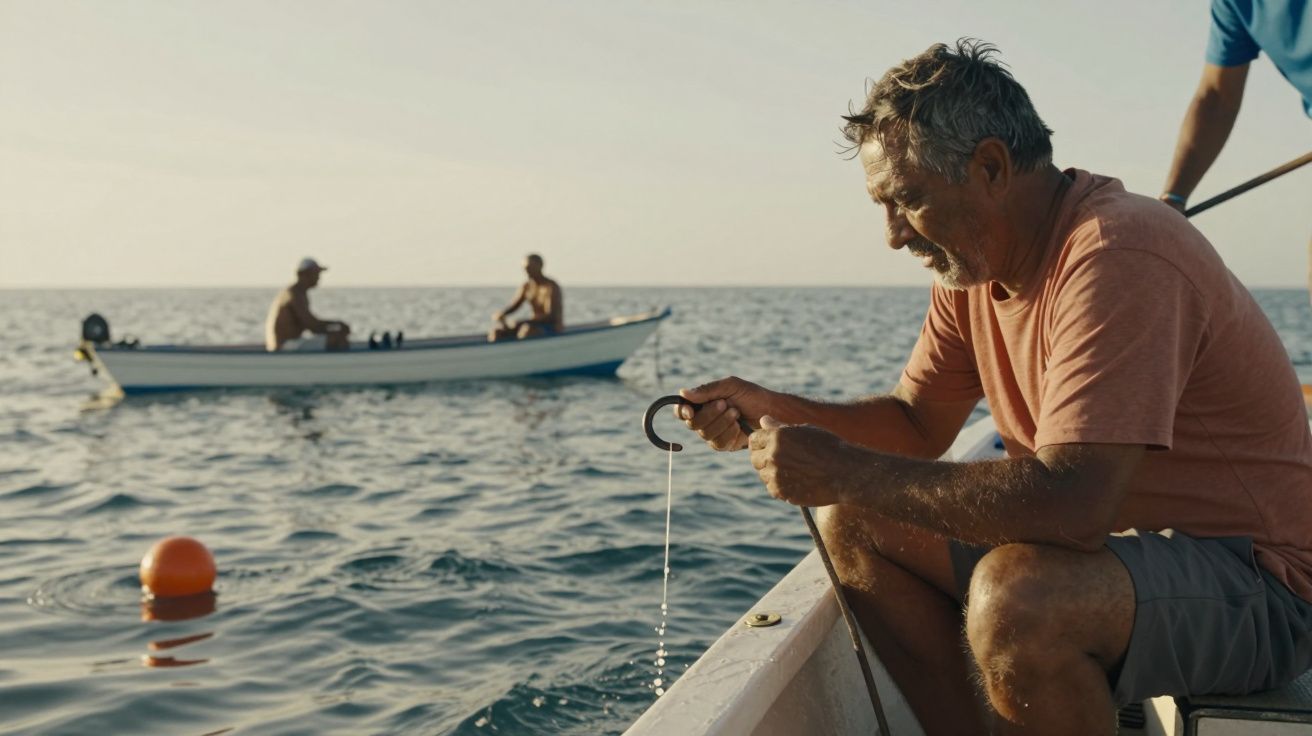 Homem num barco a pescar, outro barco com duas pessoas ao fundo.
