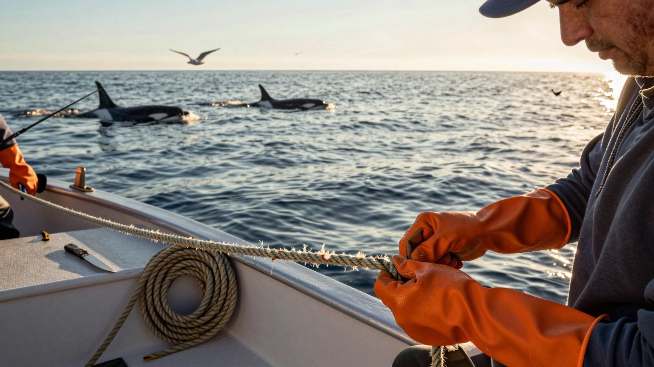 Homem em barco amarra corda, usando luvas laranjas. Orques nadam ao fundo sob um céu claro.