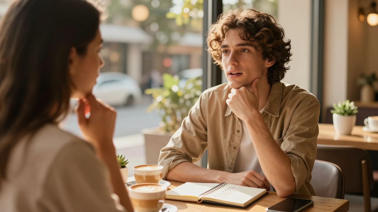 Duas pessoas conversam numa cafetaria com café e cadernos sobre a mesa, junto a uma janela ensolarada.