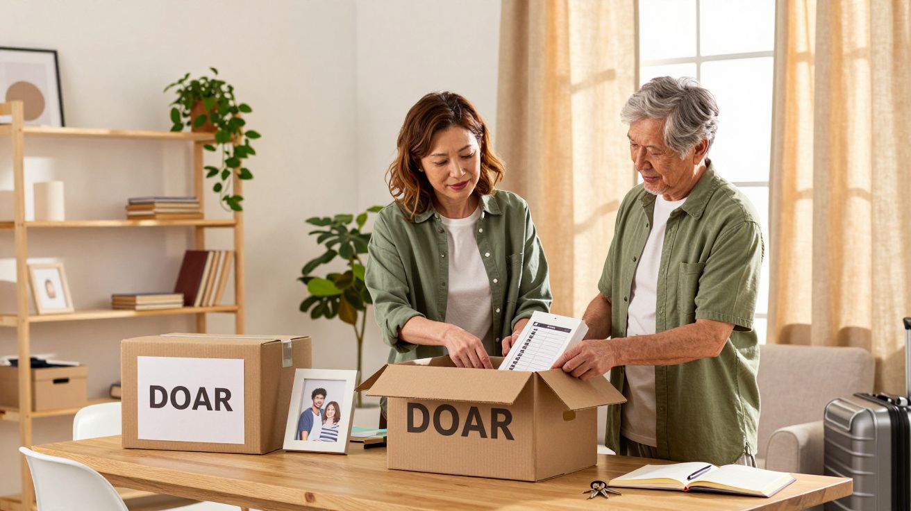 Duas pessoas a organizar caixas rotuladas "DOAR" numa sala com estantes e plantas.